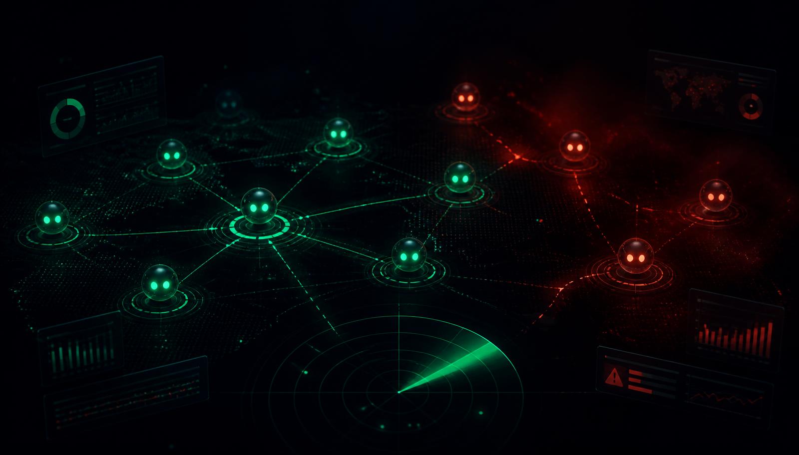 Risks of AI agents without monitoring — a mesh of emerald AI agent nodes on a dark radar grid with several unmonitored agents drifting into red shadow with broken telemetry lines